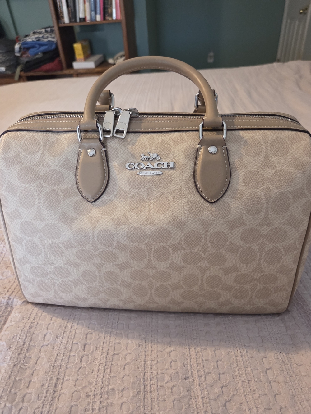 COACH Tan Signature Canvas LARGE Rowan Satchel With Silver Hardware